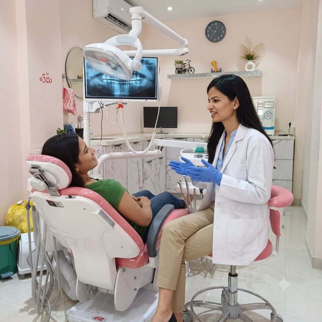 Dr. Puja Chaudhari (Khakal) explaining a dental X-ray to a patient at Ganeshay Dental Clinic, Ahilyanagar